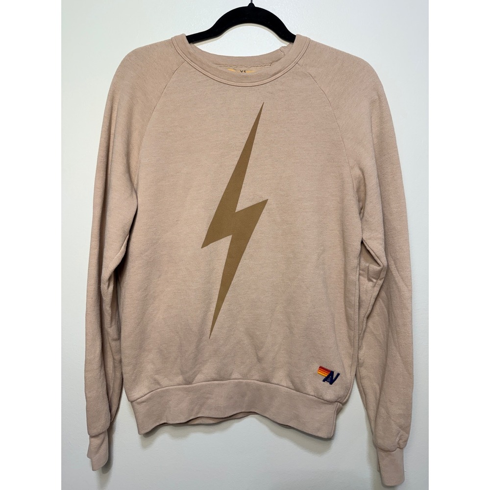 Aviator Nation Sweatshirt XS Bolt Crew Raglan Pullover Tan Gold Lightning Logo